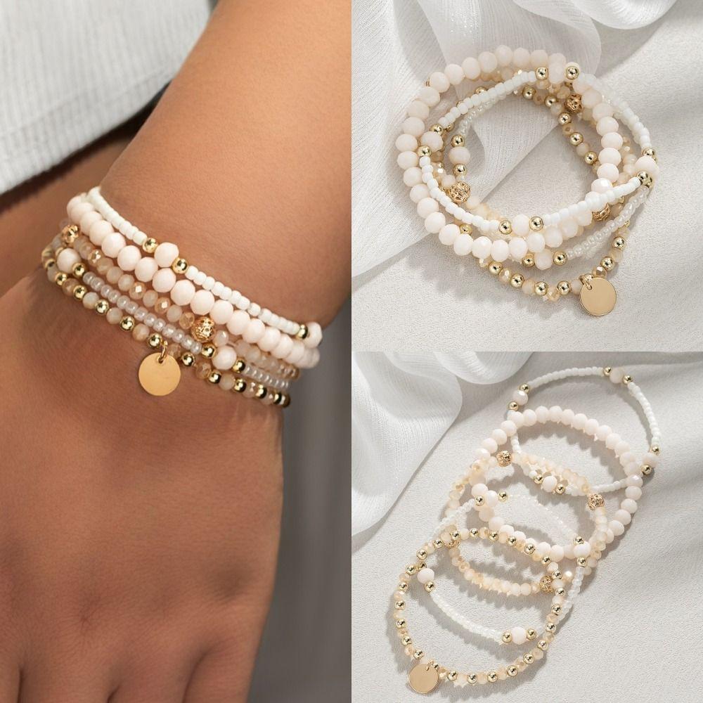 5Pcs Alloy Stretch Bracelets Resin Vacation Jewelry Gift Elegant Beaded Bracelet Set for Women