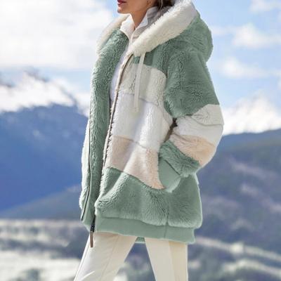 Осенне-зимний женский кардиган, пальто, утолщенный плюшевый воротник с капюшоном, завязками на шнурке, свободный, ветрозащитный, цветные блоки, пэчворк, длинные рукава, кардиган, куртка