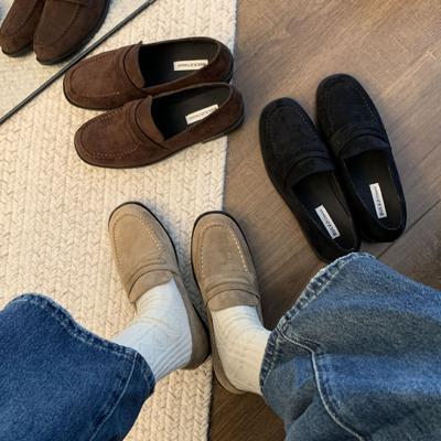 Осень 2025 ретро замшевые туфли-бини туфли на одной педали туфли на мягкой подошве на низком каблуке женские туфли британские маленькие кожаные туфли