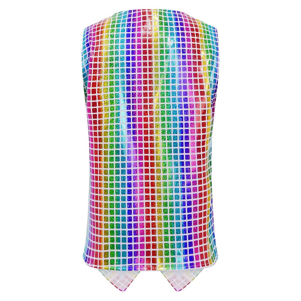 Boys Girls Dance Stage Performance Costume V Neck Sleeveless Asymmetrical Hem Button Metallic Plaid Vest