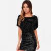 Women Mini Dress Round Neck Hollow Short Sleeve Backless Short Dress Glitter Sequins Hip Wrapped Party Dress