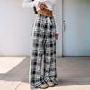 New Elastic Black and White Checkered Long Pants, Casual Checkered Wide-leg Pants for Women