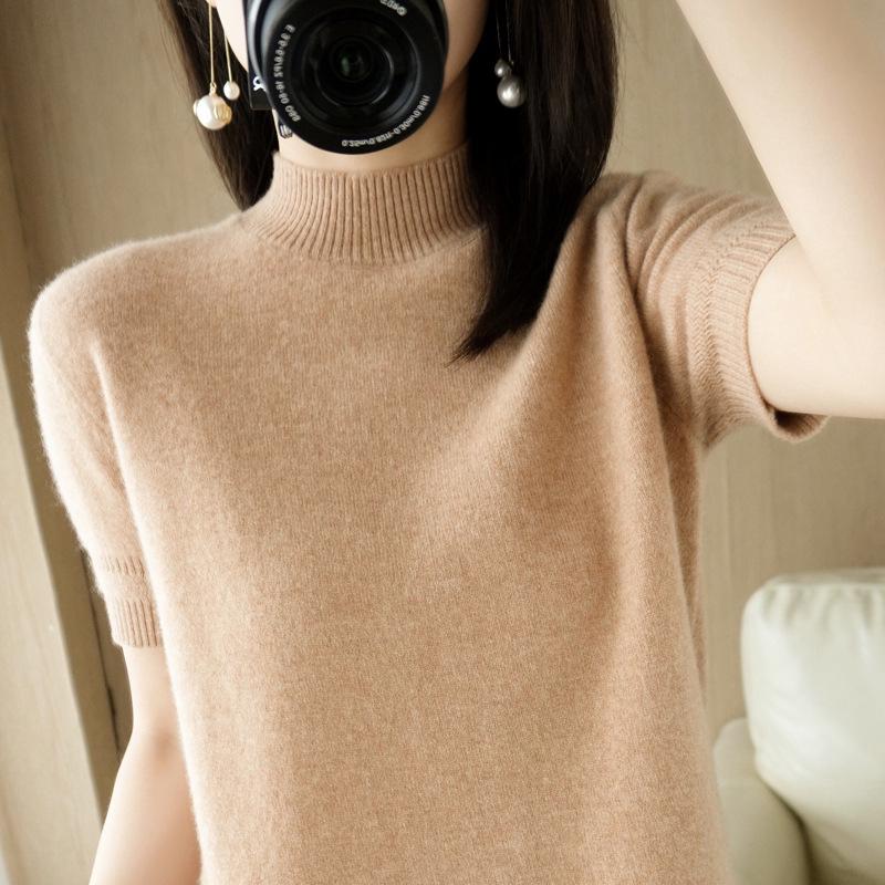 Women's Wool Blend Half High Neck Short Sleeve Sweater