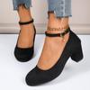 2024 High Quality Women's Shoes New Round Toe Solid Color Suede Shallow Mouth Thick Heel One-line Buckle Women's High Heels