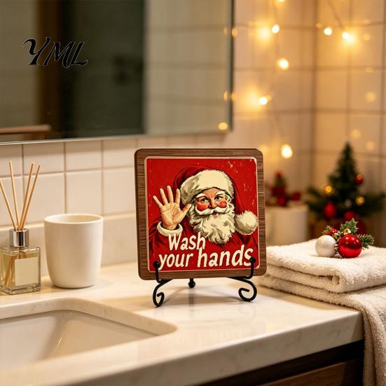 Christmas Pet Ornament Wooden Tabletop Decor, 2D Santa with Iron Stand, Rustic Wrought Display Stand Holiday Sign for Home And Cafe Festive