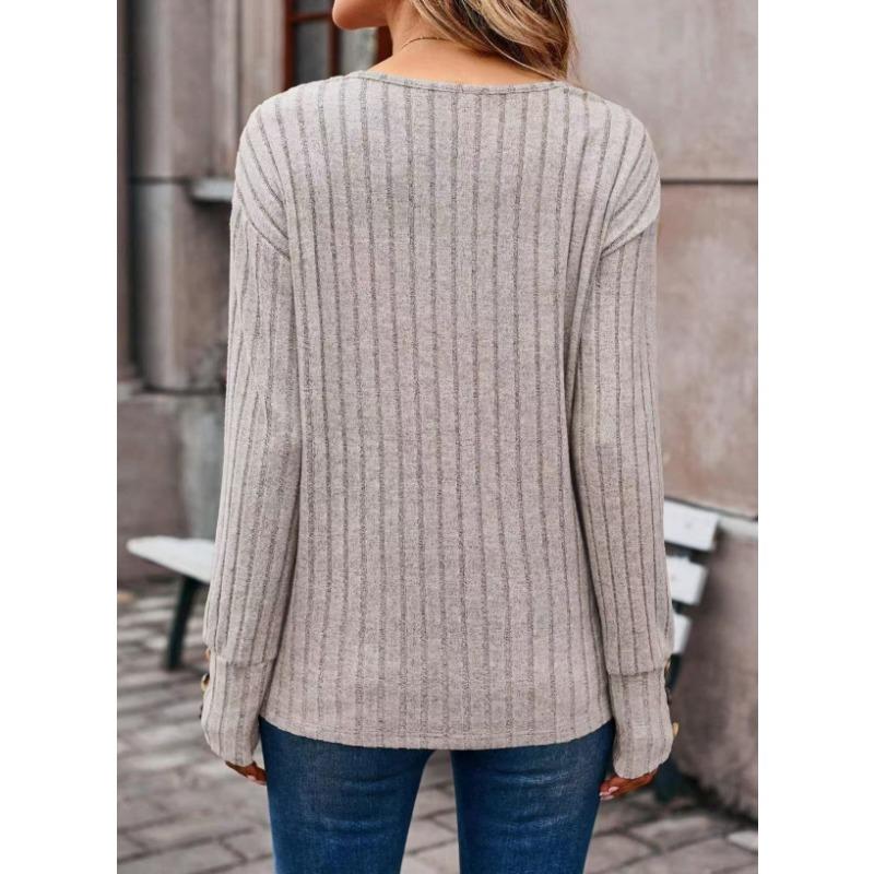 Spring Autumn Leisure Comfortable Pit Strips Matte V-neck Button Long Sleeve Solid Color T-shirt for Women