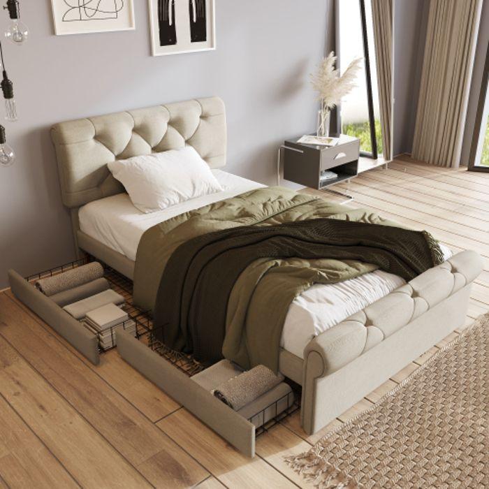 Cadre de lit - MUVOE - 90x200 cm - Tête de lit réglable - 2 tiroirs - Matelas inclus