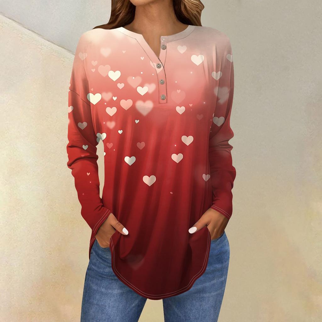 Женская мода свободный воротник на пуговицах с принтом длинный рукав футболка топы пуловер
