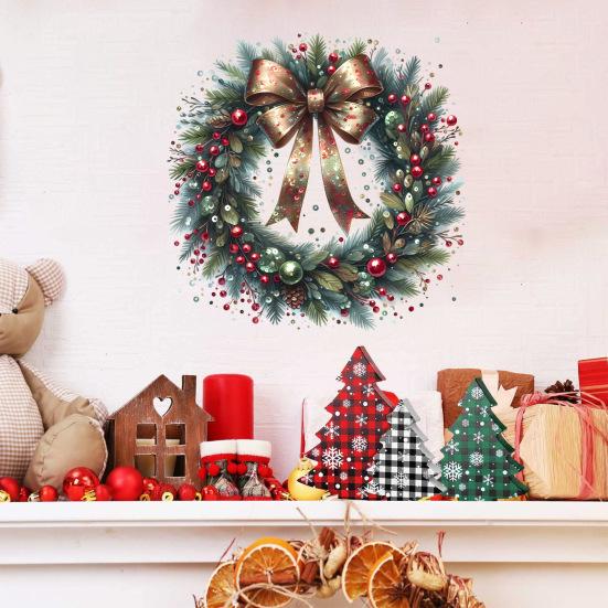 Рождественские наклейки-венки, съемные наклейки на стену, праздничные наклейки с узорами венков из сосновых шишек и бантов для декора дома, окна, стекла, двери