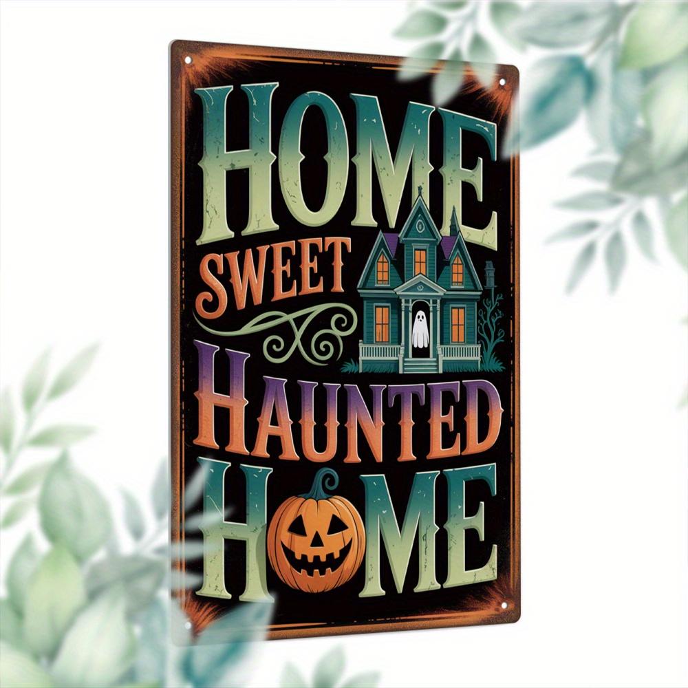 1pc Putuo Decor Vintage Halloween Metal Tin Sign - "Home Sweet Haunted Home" Wall Art with Haunted House & Skeleton Design, Perf