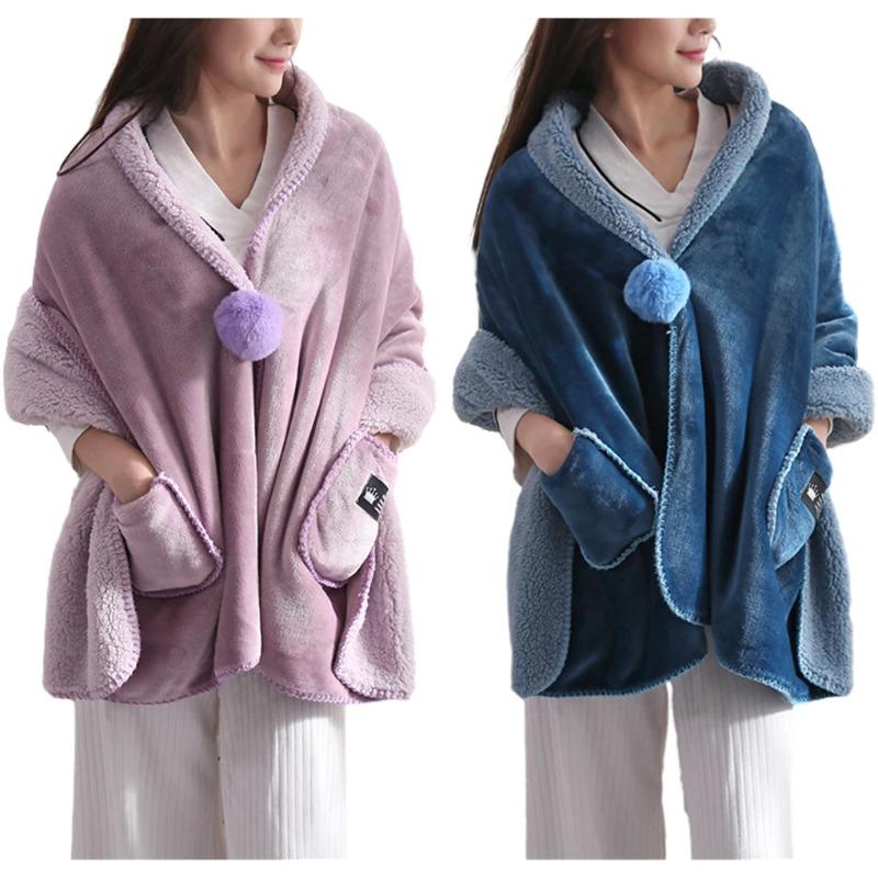 Multifunction Soft Comfortable Blanket Poncho Blanket For Women multi-purpose scarf Cape Wrap Button Bed Jacket with Pockets