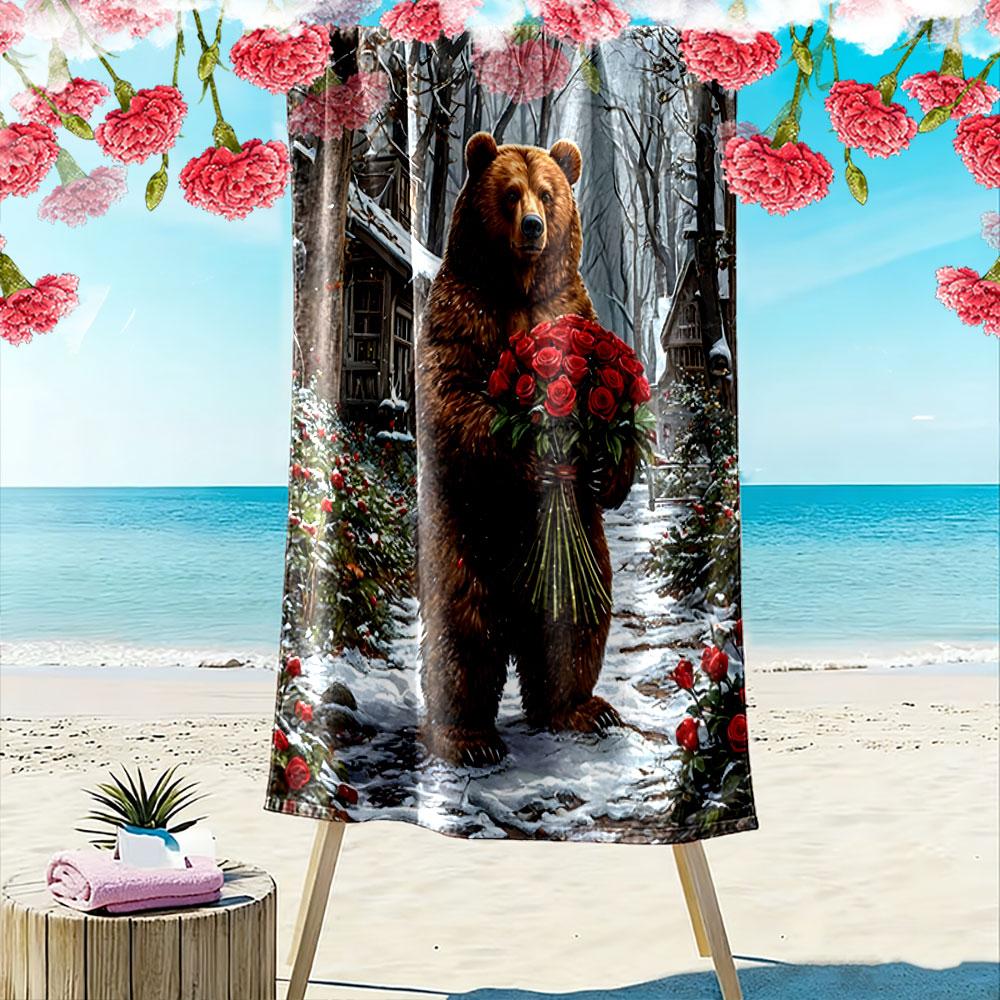 Majestic bear with roses Print beach towel, quick drying, suitable for travel, outdoor sports, jogging, the beach and swimming, gift