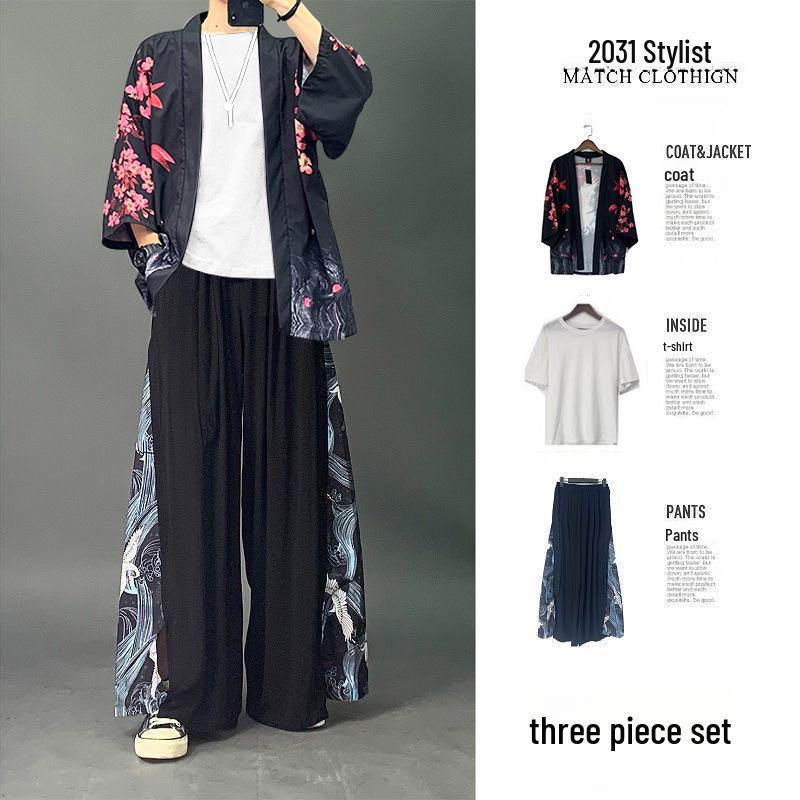 Men's Chinese Style Ice Silk Taoist Robe: Trendy Three-Piece Hanfu Tang Suit for Summer