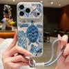 Кожаный чехол-шнурок с принтом «Черепаха и рыба» для iPhone 18 Pro Max Гибридный противоскользящий мягкий чехол из TPU+PU для iPhone 17 16 15 14 13 Pro Max