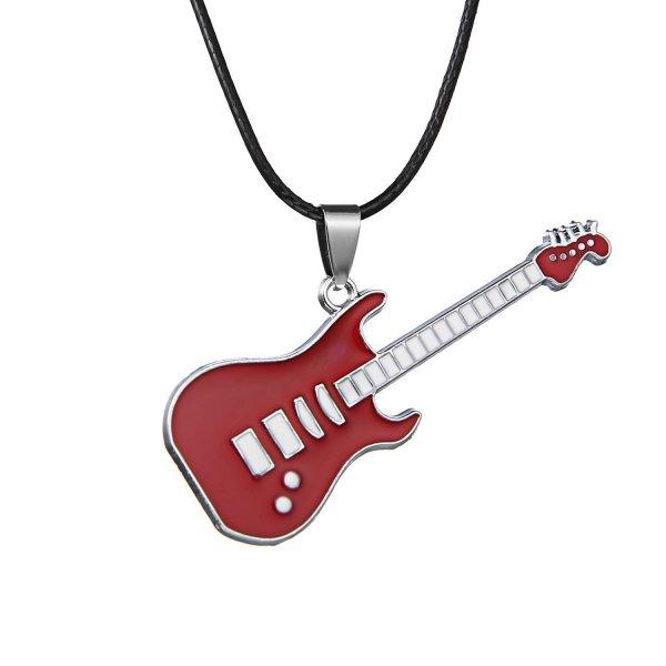 Fashion 316L Stainless Steel Guitar Pendant Necklace for Women Men Simple Black Leather Chain Necklaces Unisex Jewelry