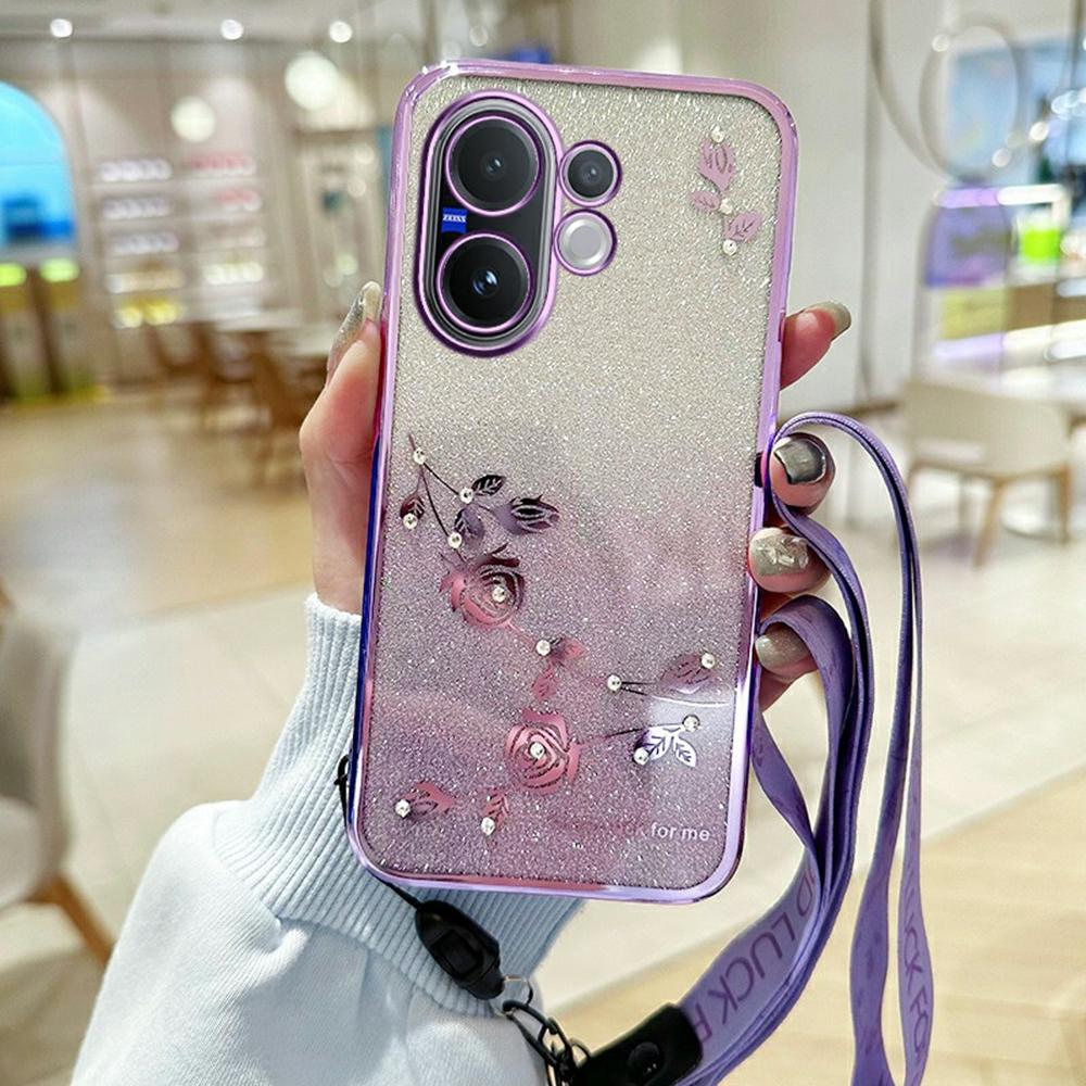 For vivo V60 5G Case Flower Pattern TPU Gradient Phone Cover with Lanyards