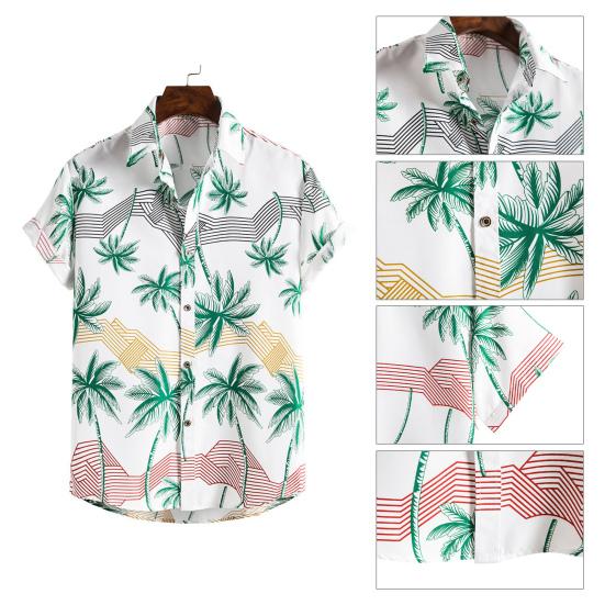 Turn-down Collar Short Sleeve Men Shirt Buttons Down Summer Coconut Tree Print Hawaiian Shirt for Travel