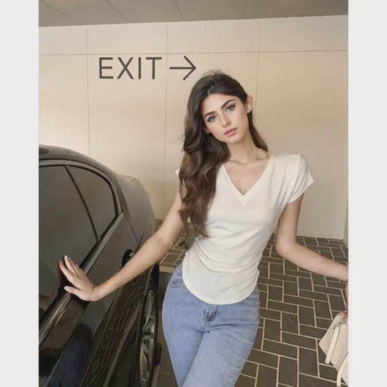 V-neck Slimming Short-sleeve Women's T-shirt, Summer 2025 Trend, Solid Color, Student Style