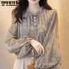 Women's French Floral Chiffon Top Autumn Long Sleeved Shirt