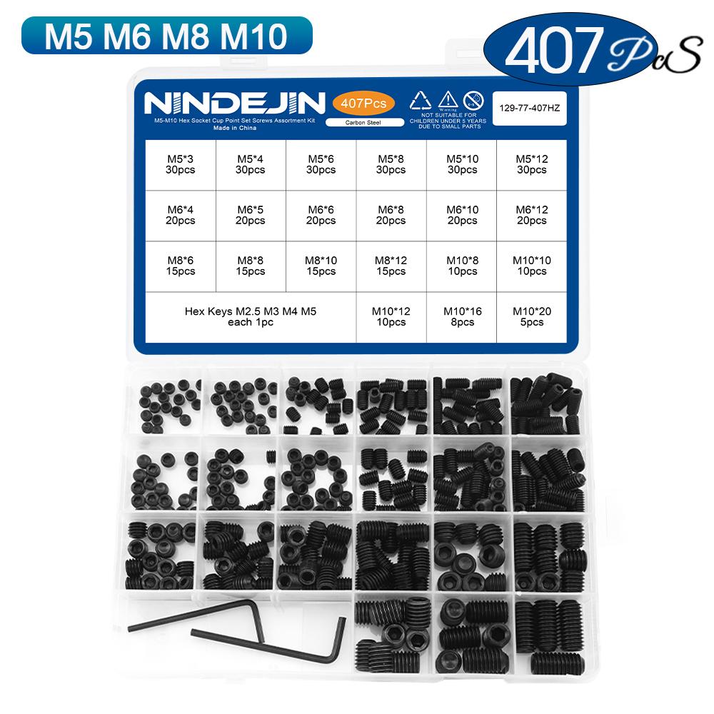 NINDEJIN Hex Socket Set Screw Kit Cup Point Carbon Steel Stainless Steel Flat Point Headless Grub Screw Assortment Kit