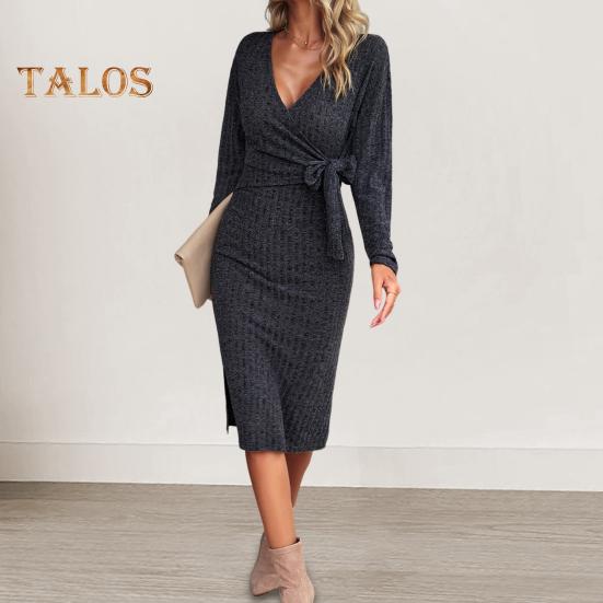 Women Spring Fall Dress Cross V Neck Lace-up Slim Fit Sheath Long Sleeves Knee Length Knitted Slim Fit Elastic Midi Dress Shopping Dating Dress