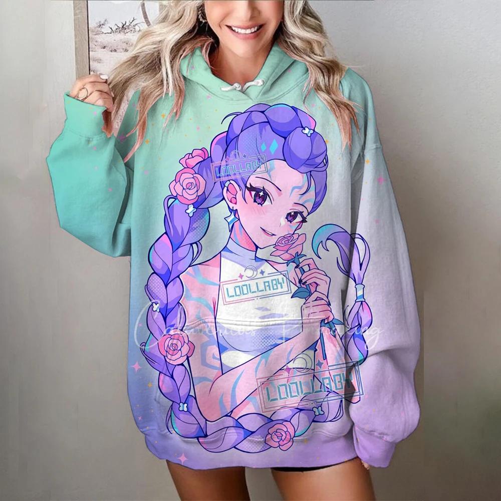 Повседневные женские толстовки Kawaii KPop с принтами «Охотники на демонов», пуловер, удобное худи оверсайз, осенняя мягкая одежда