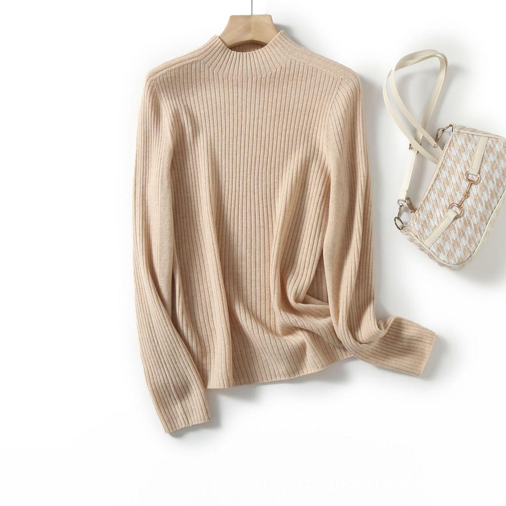 Women's High Neck 100% Wool Sweater - Seamless Knitwear for Autumn & Winter