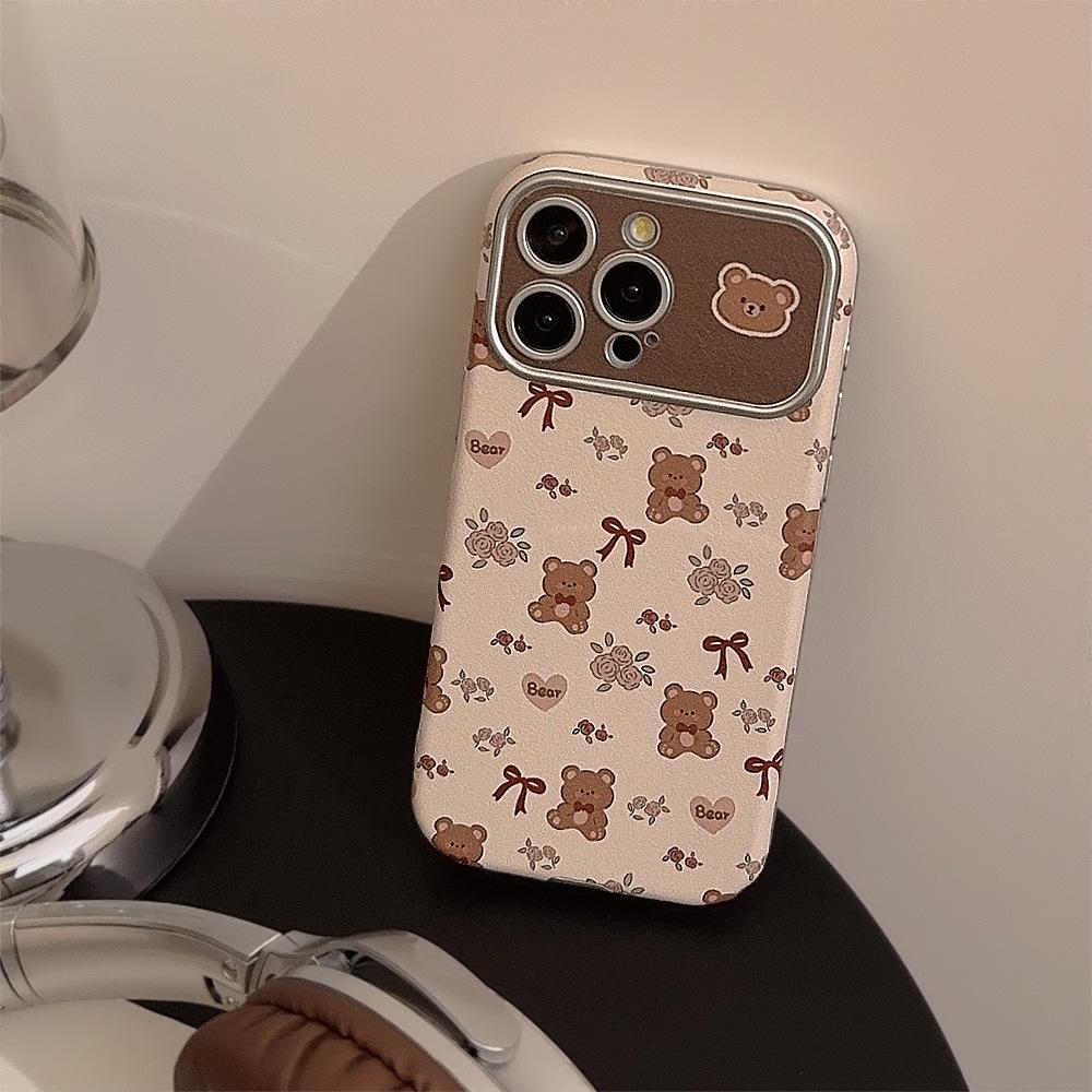 Cute bear and flower case suitable for iPhone 16, Apple 15, 13 Pro Max, leather 17, artistic and fresh 12