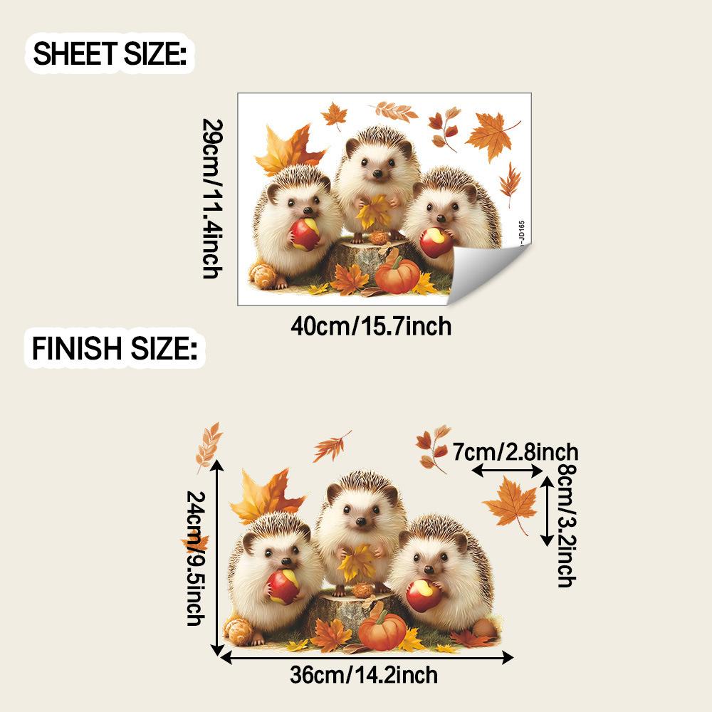 Милый ежик, едящий яблоки, осенние опавшие листья, наклейки для украшения стеклянного окна дома