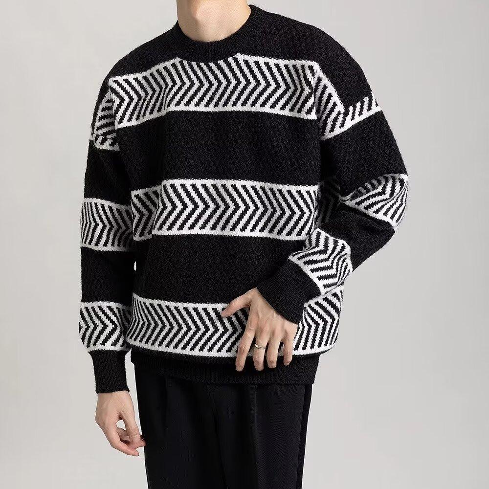 Autumn and Winter New Round Neck Sweater Men's Clothing Casual Sweater Loose Stripe Trendy Cotton Knitwear