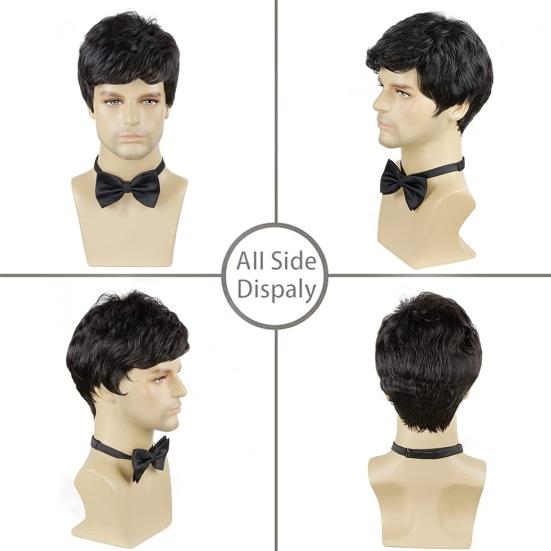 Men Short Curly Wig with Bangs Fluffy Natural Looking High Temperature Fiber Male Wavy Black Brown Synthetic Hair