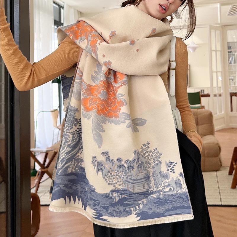 New Winter Imitation Cashmere Scarf for Women Literary Light and Luxurious Style Jiangnan Jacquard Scarf Plus Velvet Warm Shawl