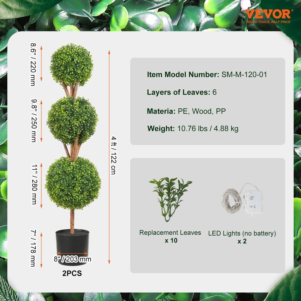 Artificial Topiaries Boxwood Trees, 48 inch Tall (2 Pieces), 3 Ball-Shape Faux Topiaries Plant with Planters, Green Feaux Plant w/ Replaceable Leaves