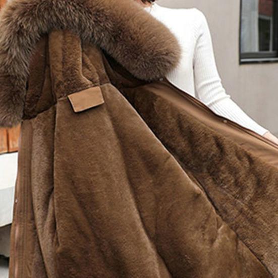 Women Coat Hooded Jacket with Faux Fur Collar Warm Fashionable Zipper Closure Coat