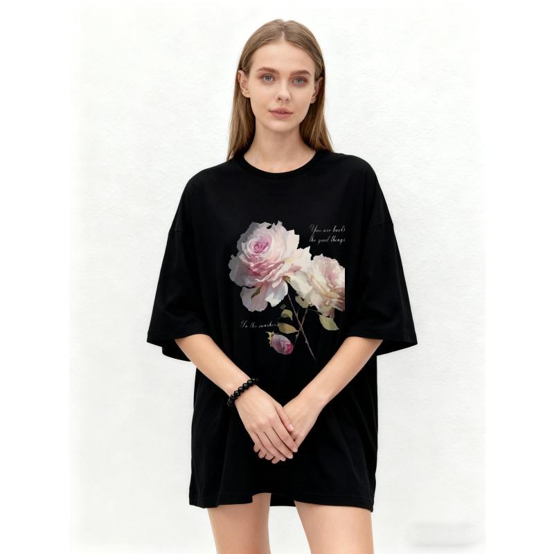 Футболка оверсайз черная с цветочным принтом из роз и вдохновляющей цитатой, повседневная