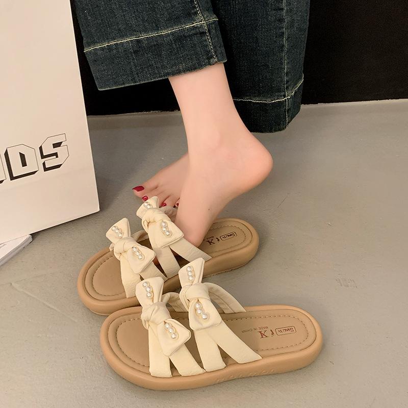 Банты одно слово тапочки женские летние 2025 новые с юбкой на плоском каблуке не устают ноги