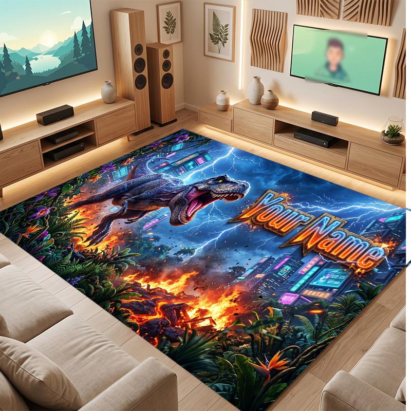 Dinosaur Theme Soft Crystal Velvet Rug Custom Name & Text Print Non Slip Floor Rug for Bedroom Living Room