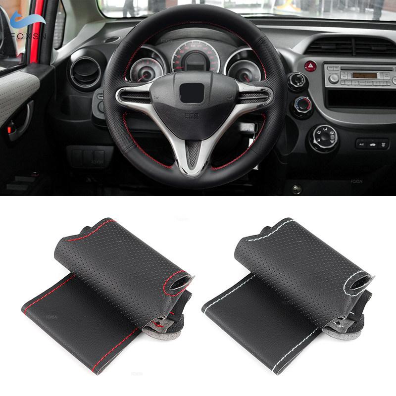 For Honda Fit Jazz City 2009 - 2013 ight 2010-2014 Hand-stitched Perforated Leather Car Steering Wheel Braid Protective Cover