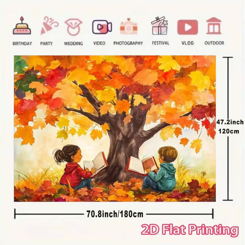 2D Autumn Reading Kids Backdrop, Fall Tree Book Scene Wall Hanging