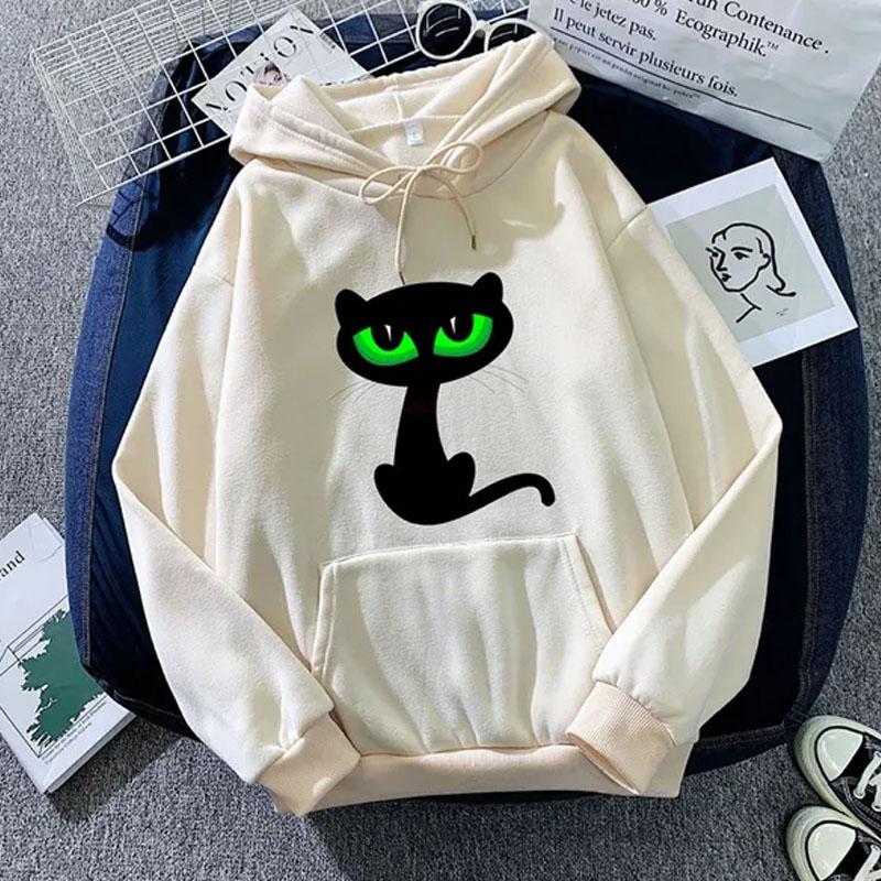 Женские модные толстовки, повседневный топ с длинными рукавами и карманами, пуловер, свободная толстовка, весенне-осенние блузки, толстовка с принтом кота