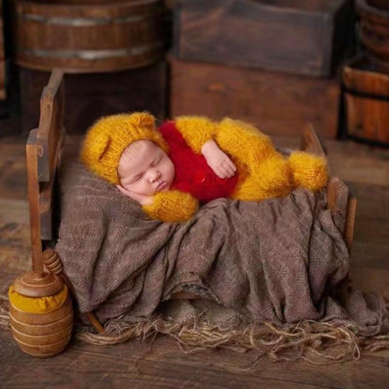 2pcs/set Newborn Photography Props Outfits Mohair Bear Hat & Footed Romper for Baby Photo Props Bodysuit Newborn Photo