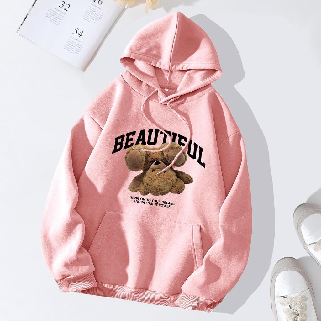 Women's Fleece-Lined Hoodie - Thick, Printed, Loose Pullover for Spring and Autumn