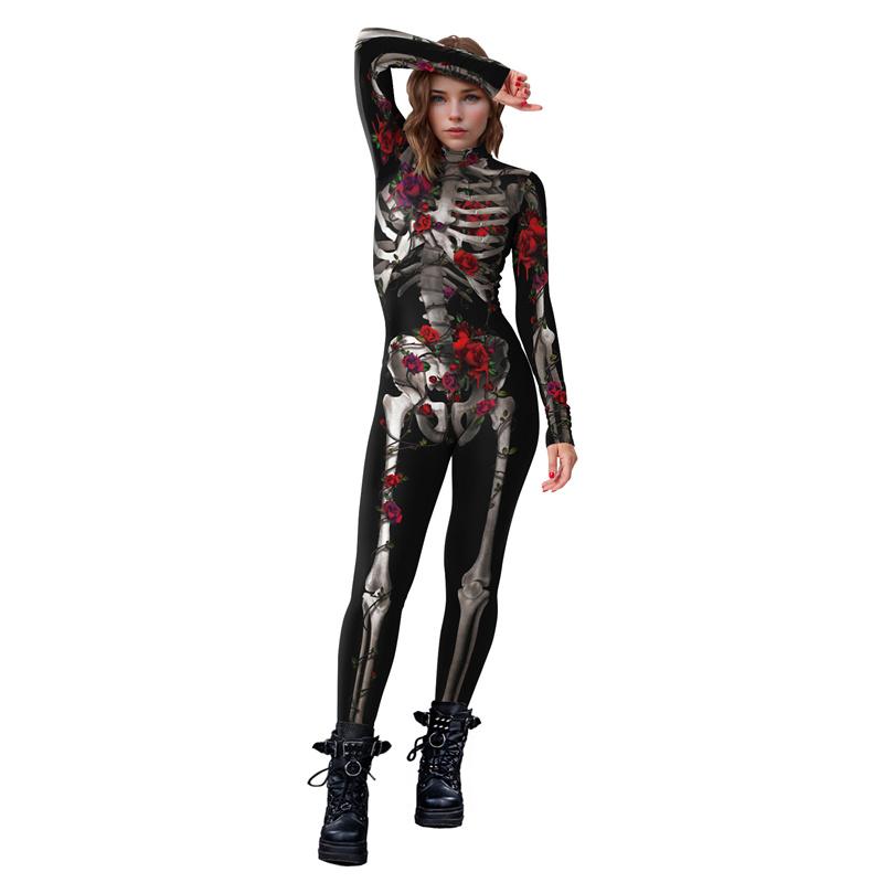 New Halloween Skeleton Rose 3D Printed Jumpsuit Women Day Of The Dead Cosplay Bodysuit Sexy Zentai Suit Carnival Party Morphsuit