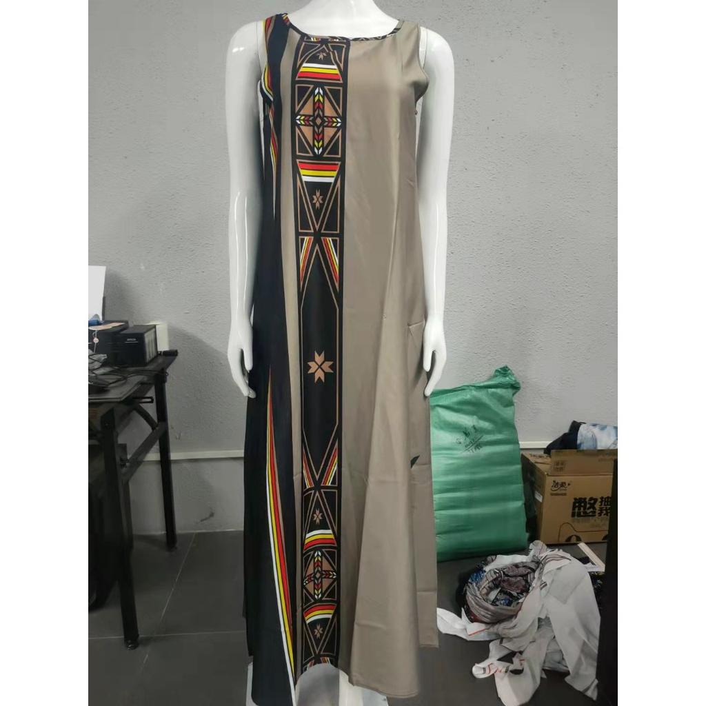 GMXIA Summer Positioning Flower Round Neck Sleeveless Loose Print Dress Long Skirt Women