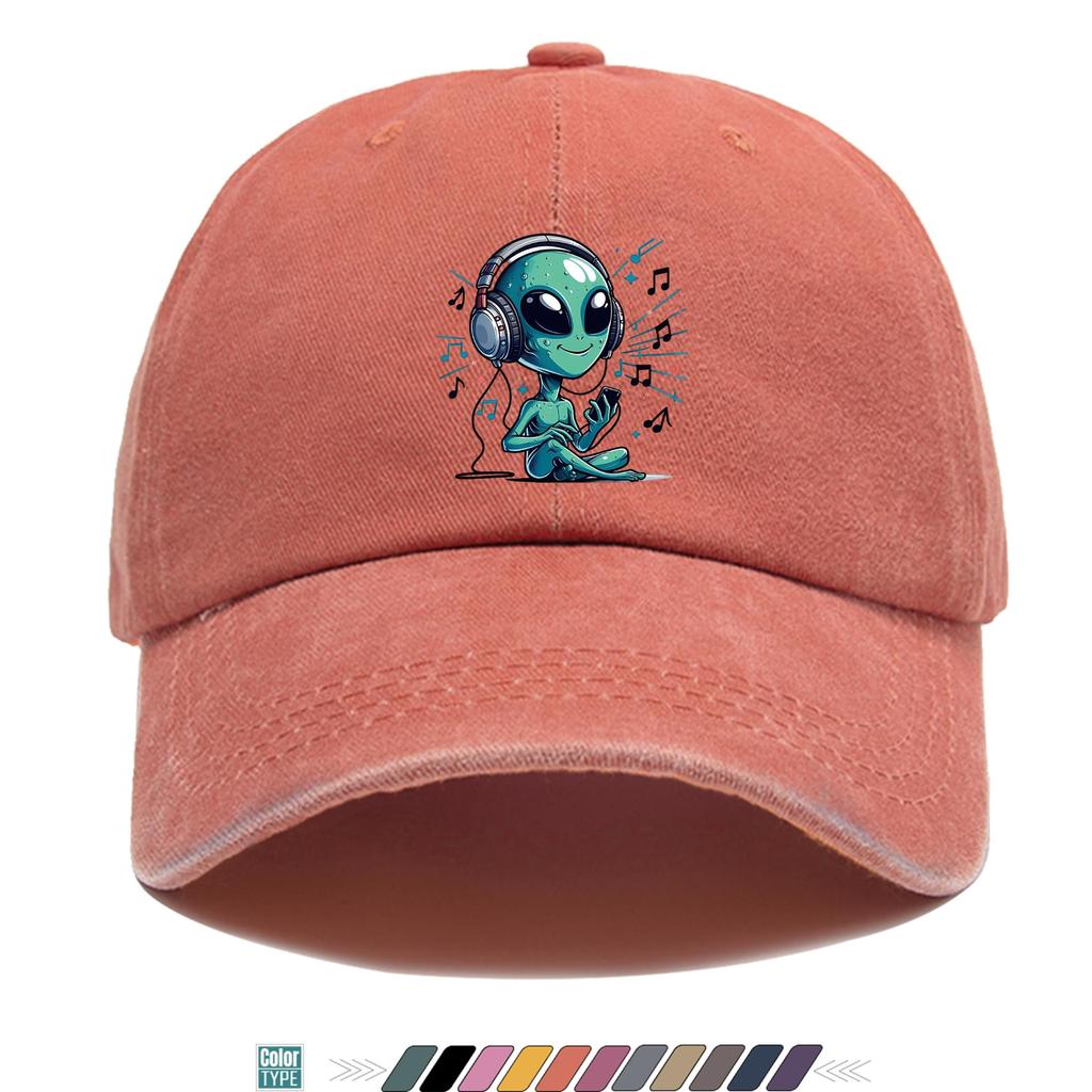 pc Alien Loving Music Printed Baseball Cap Trucker Hat Comfortable and Breathable Stylish and Beautiful Cartoon Game Black
