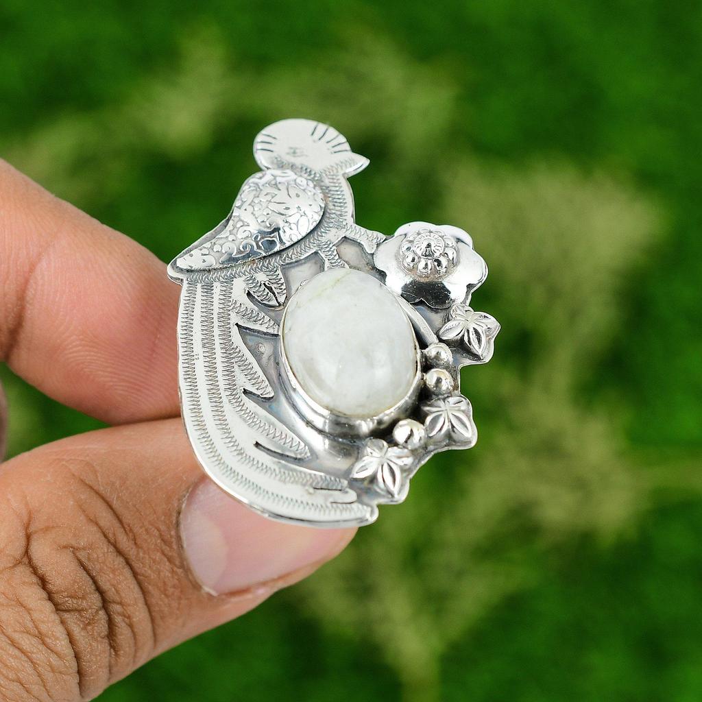 925 Silver Natural Rainbow Moonstone Multi Stone Bird Adjustable Ring