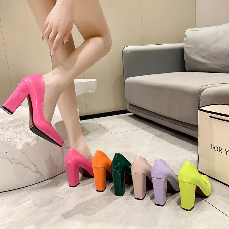 Fashion 2025 Shoes Thick Heel Woman Pumps Candy Color Women  Office Pointed Toe High Heels Wedding Female Heel Shoes