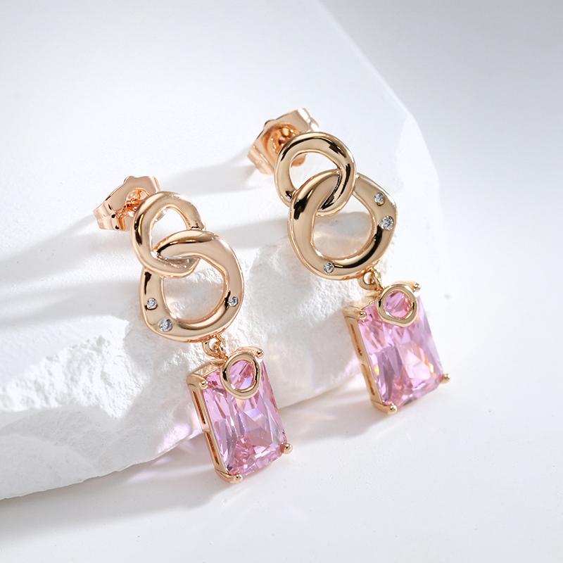 Квадратный розовый циркониевый кулон, пересекающийся круг, серьги-гвоздики для женщин, уникальный дизайн, ювелирные аксессуары