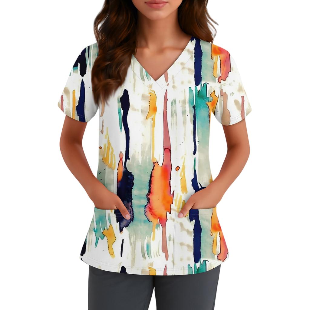 Женская милая блузка с принтом бантиков, рабочая одежда, V-образный вырез, двойной слой, карманы, базовая, с коротким рукавом, пуловер