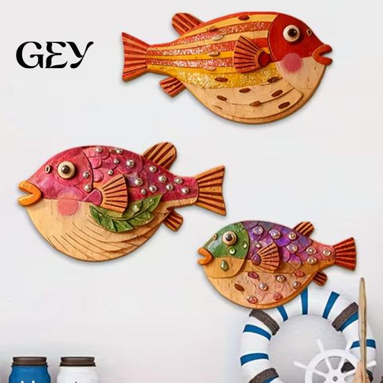 Ocean Theme Wall Art 3Pcs/Set Vintage Puffer Decoration, Coastal Wooden Fish Hanging Ornament, Nautical Decoration for Bathroom, Living Room Decor